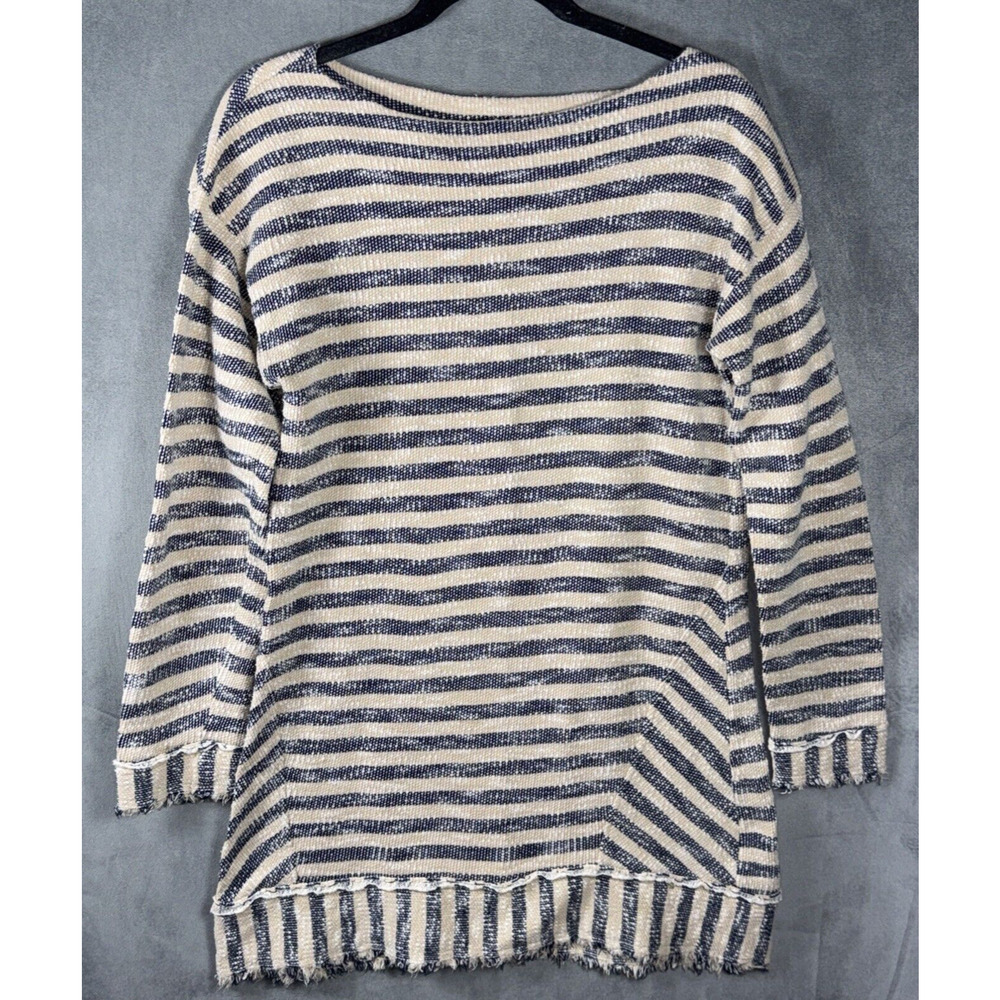 Soft Surroundings Women’s Cotton Tunic Tan & Blue Striped Raw Edges Sz Small